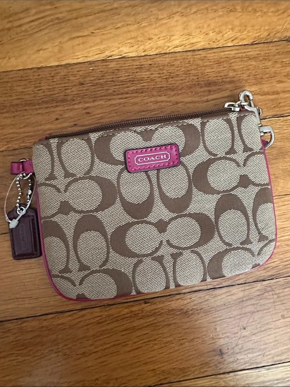 Coach Beige Signature Canvas Wristlet with Pink Trim